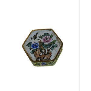 Vintage Octagon Enamel Lidded Trinket Box ~ Flowers and Bird Design